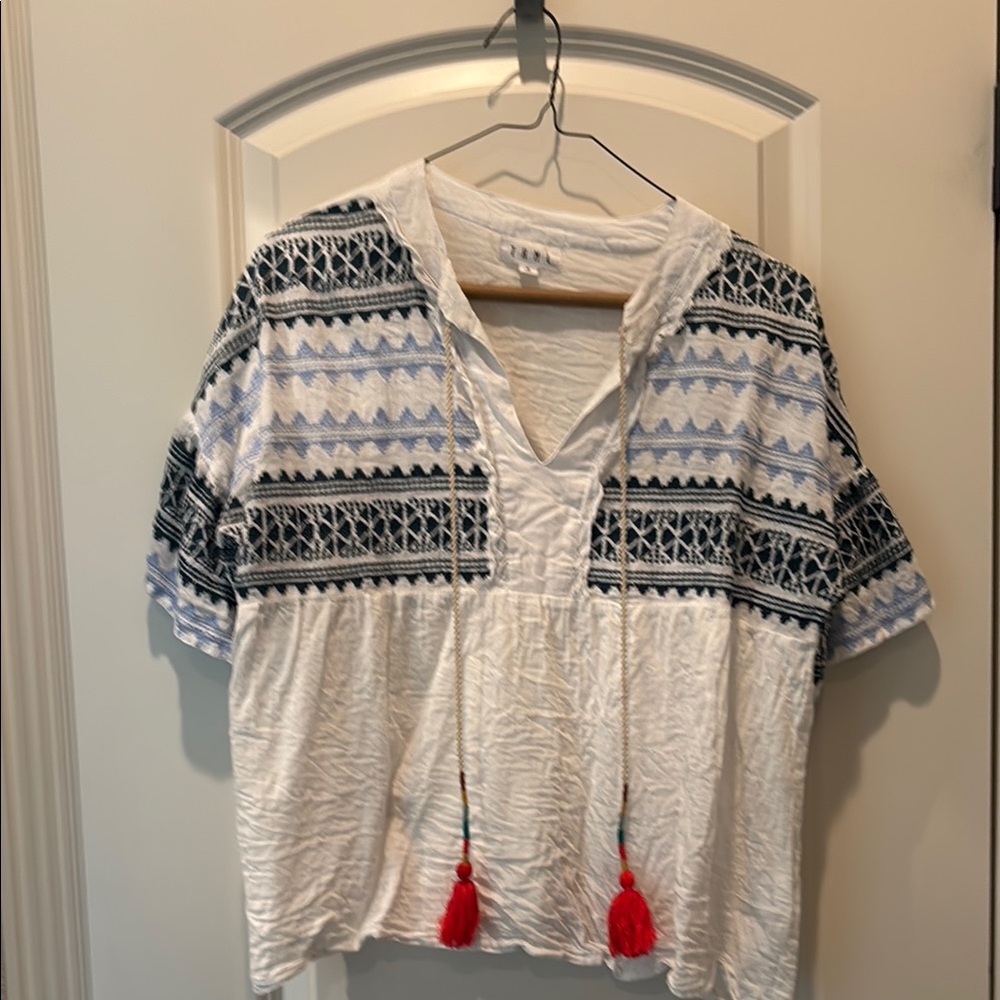 THML White and Navy Geometric Blouse with Red Tassels